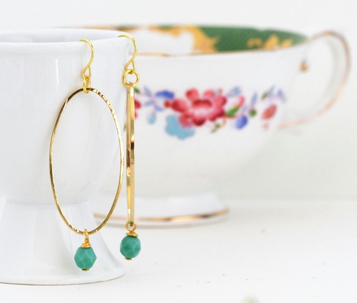 Oval Hoop Earrings - Oval Dangle Earrings With  Sea Green Bead, Mother's Day Earrings