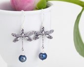 Blue Pearl Dragonfly Earrings, Peacock Blue Pearl Earrings, Nature Earrings, Dragonfly Jewelry, Drop Earrings