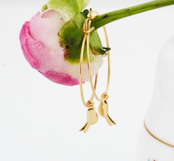 Gold Hoop Earrings - Bird Earrings - Matte Gold Bird Charms