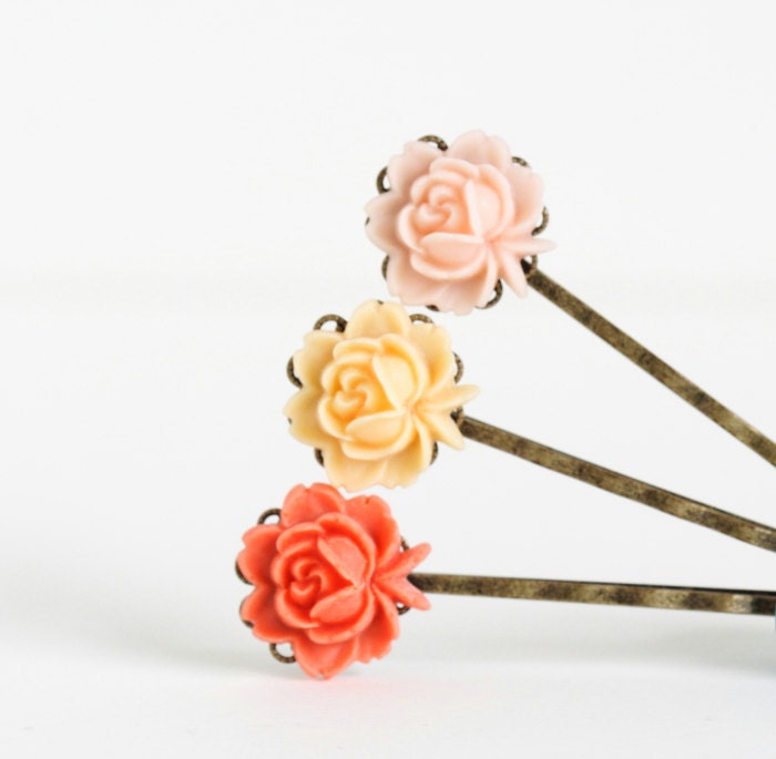 Sale - Hair Pins - Bobby Pins - Vintage Style Flowers - Antique Brass - Orange Apricot Peach - Flowergirl, Memorial Day Sale