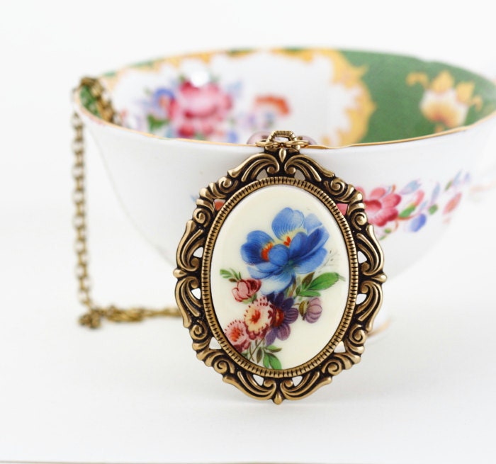 Statement Necklace, Flower Cameo Necklace, Cameo Pendant, Spring Flowers, Brass Frame Cameo, Memorial Day Sale