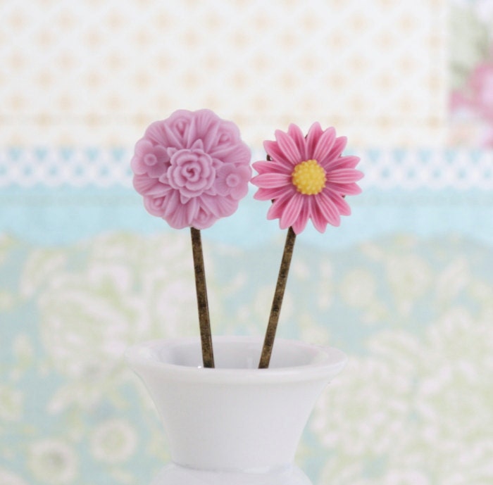 Sale - Pink Bobby Pins Hair Pins Antique Brass With Vintage Style Pink and Lilac Flowers, Gift  For Girl