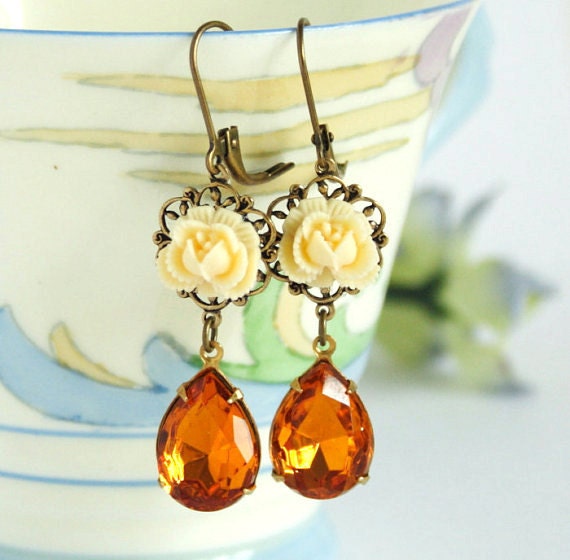 Jewel Earrings - Honey Amber Earrings - Vintage Glass Jewels - Yellow Flowers on Brass Filigree, Drop Earrings