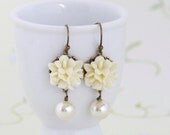 Ivory Flower Earrings - Wedding Jewelry - Ivory Earrings - Ivory Glass Pearl Bead - Matching Necklace, Mothers Day Gift