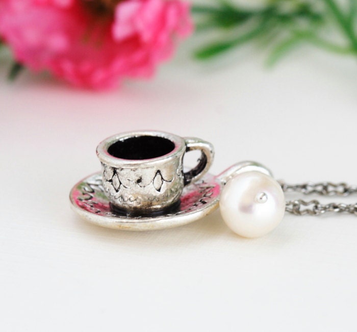 Silver Tea Cup Necklace -Ivory Pearl - Alice in Wonderland - Gift For Tea Lover
