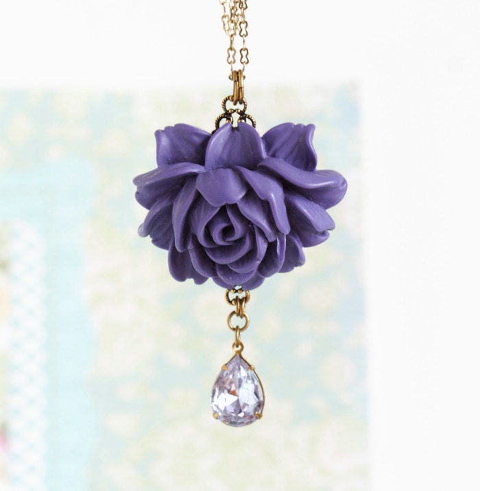 Statement Necklace, Purple Rose Necklace, Flower Necklace With Mauve Vintage Crystal Jewel, Memorial Day Sale