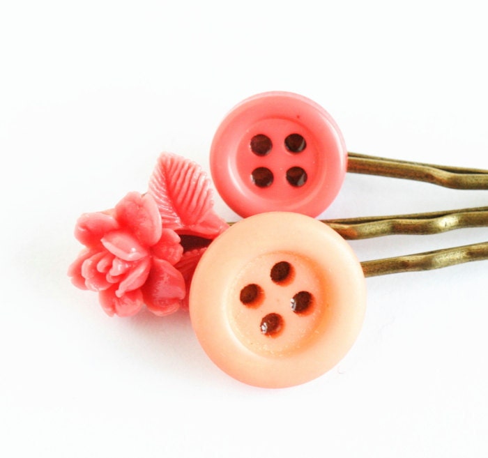 Bobby Pins Antique Brass With Vintage Style Coral and Orange Buttons and Flowers - Set of Three