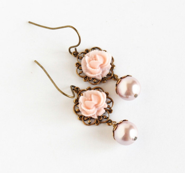 Pink Flower Earrings - Pink Jewelry - Wedding Jewelry - Pale Pink Earrings, Drop Earrings, Memorial Day Sale