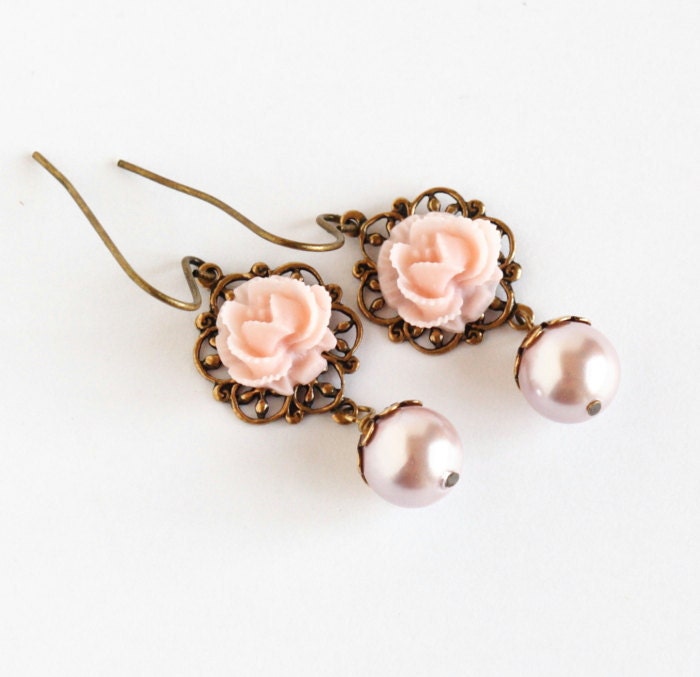 Pink Flower Earrings - Pink Jewelry - Wedding Jewelry - Pale Pink Earrings, Drop Earrings, Memorial Day Sale