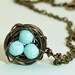 Brass Birds Nest Necklace With Robins Eggs - Wire Wrapped With Pale Aqua Crackle Eggs - Great Gift For MOM