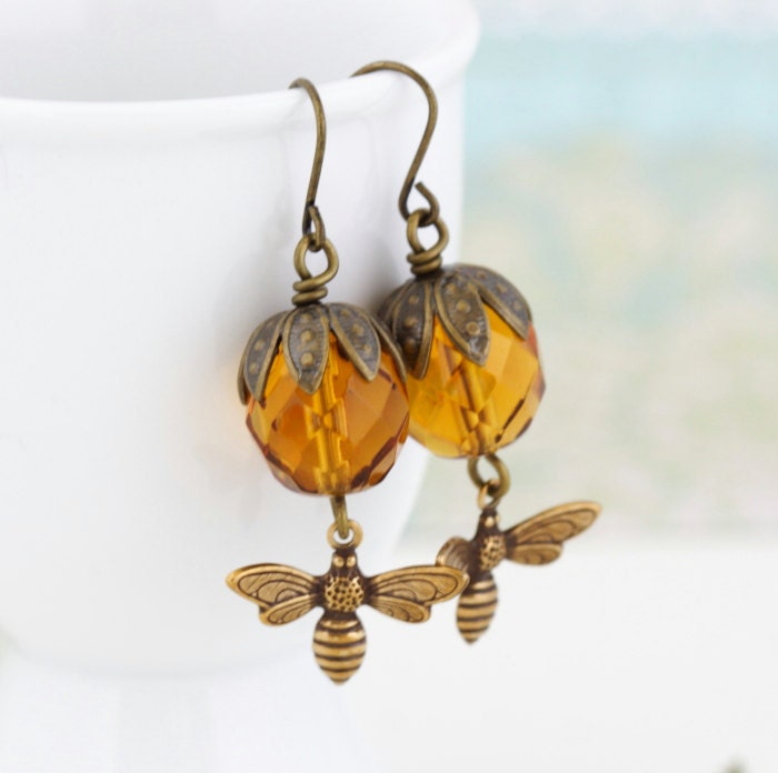 Bee Earrings - Golden Brown Amber Glass Beaded Earrings, Drop Earrings, Memorial Day Sale