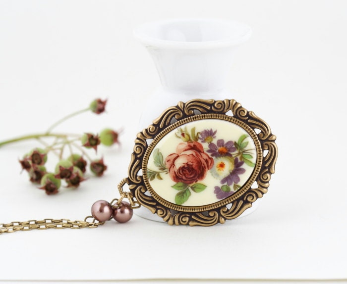 Flower Cameo Necklace, Cameo Pendant, Spring Flowers, Brass Frame Cameo