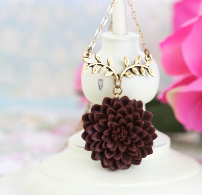 Free Shipping - SALE, Statement Necklace, Flower Necklace - Chocolate Brown - Gold Plated Etched Fern - Delicate Brass Chain