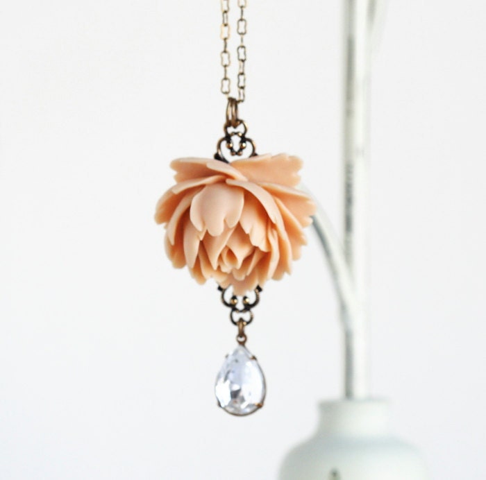 Statement Necklace, Flower Necklace, Beige Rose Necklace With a Beautiful Clear Vintage Crystal Jewel