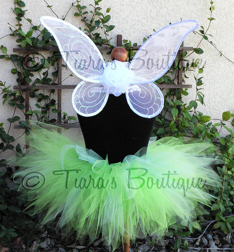 Sweet Baby Pixie Set - Green Tutu White Wings, Inspired by Tinkerbell - Infant/Toddler Pixie Wings and Pixie Tutu Set - newborn to 12 months