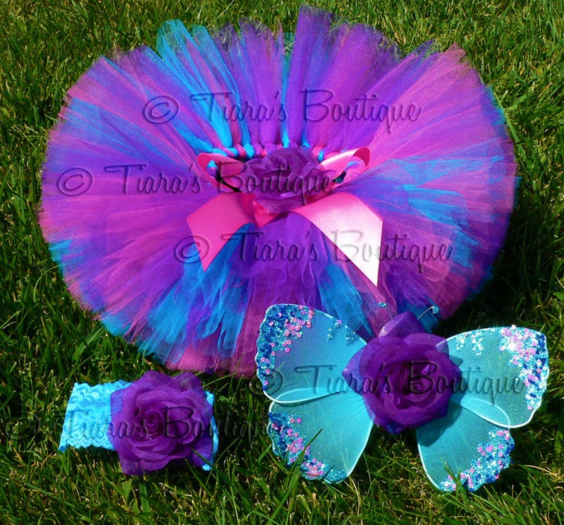 Baby Tutu Fairy Wings Costume - Berry Fairy Tutu Set - Sewn 6'' Tutu Wings & Headband - Purple Pink Blue - sizes newborn to 12 months