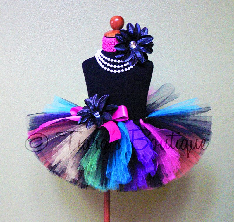 Rainbow Tutu - Birthday Tutu - Sewn Tutu - So Cal Punk Tutu - Extra Full 10" Tutu - sizes Newborn to 5T - Black with Neon Rainbow Colors