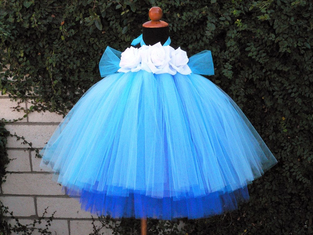 Flower Girl Tutu Dress - Blue Layered Custom Tutu Dress - ENCHANTED - 2 Tiered SEWN Tutu Dress - up to 20" long - sizes NB to 24 months