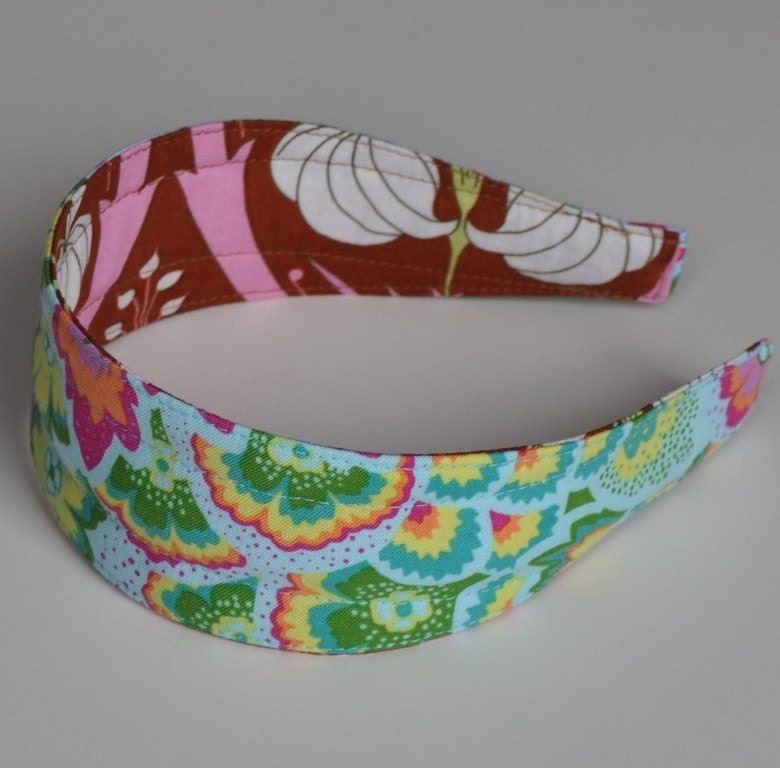 REVERSIBLE Soul Blossoms Sea Glass Peacock Feathers Comfort Fit Fabric Headband