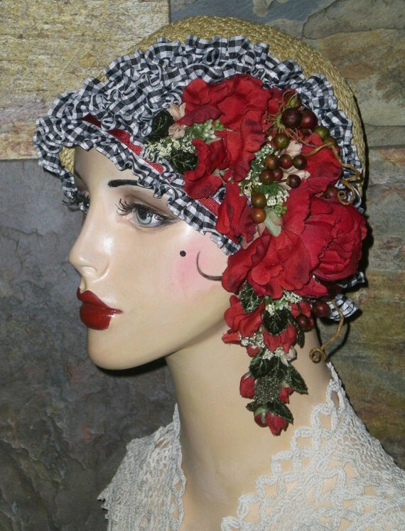 One of a Kind Vintage Roaring 1920's Straw Picnic FLAPPER CLOCHE HAT Gingham Ruffle Red Floral
