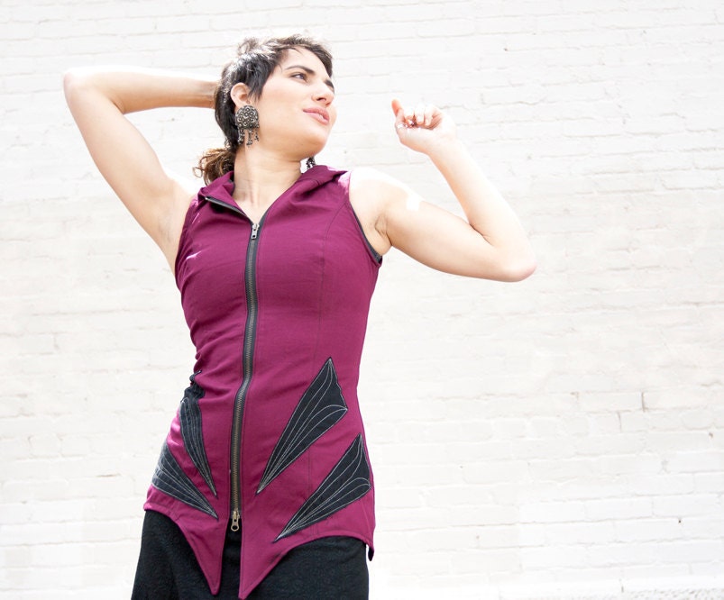 Pacha Play Raspberry Long Hooded Lotrix Womens Vest with creative stitch-tribal-techno-dance-stretch-comfortable-unique
