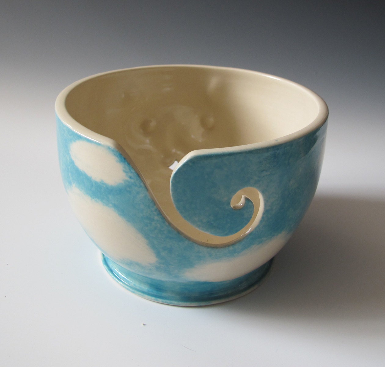 White Cat Yarn Bowl - sculpted kitty against blue sky