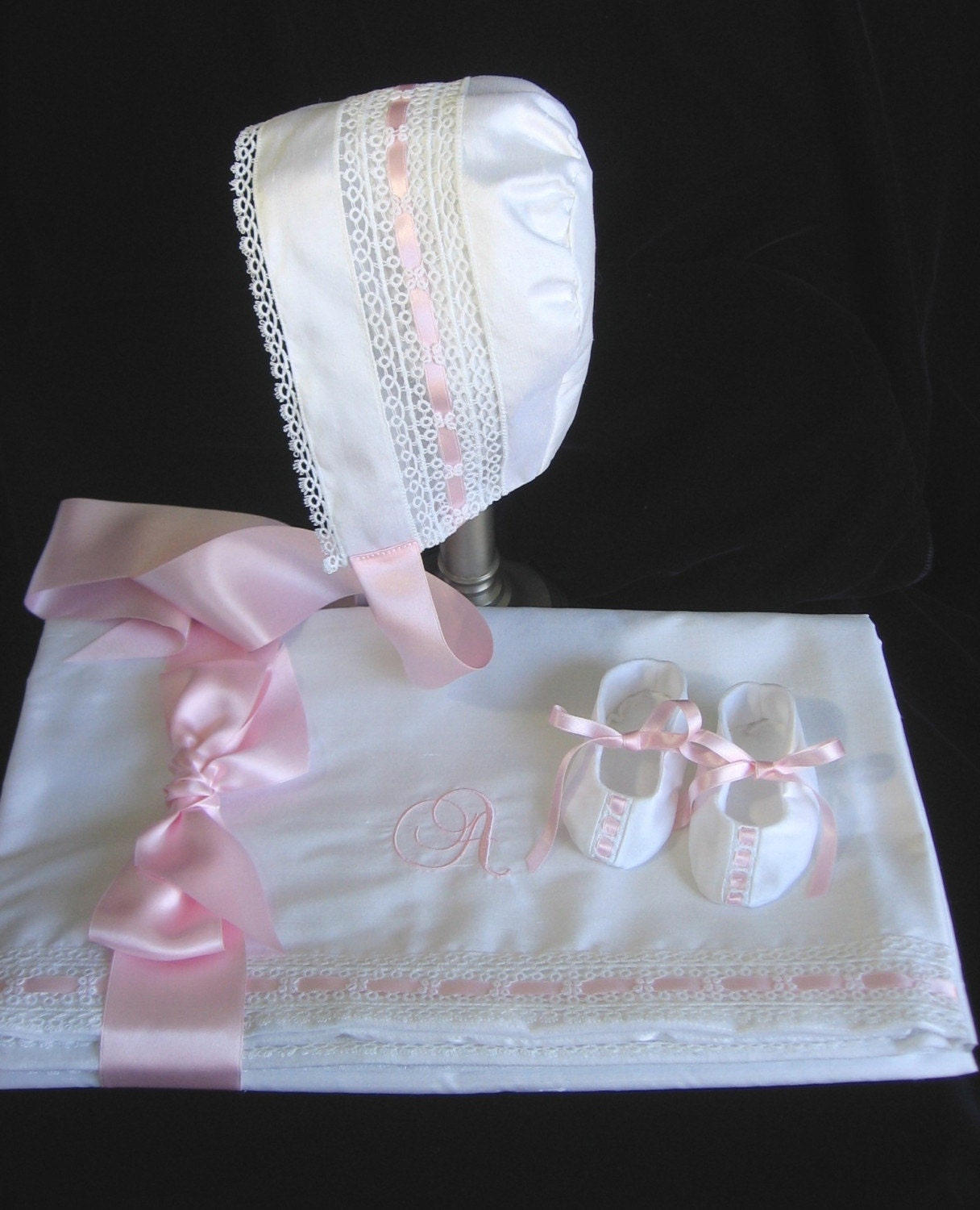 Silk Baby Gift Ensemble - Bonnet, Booties, Blanket