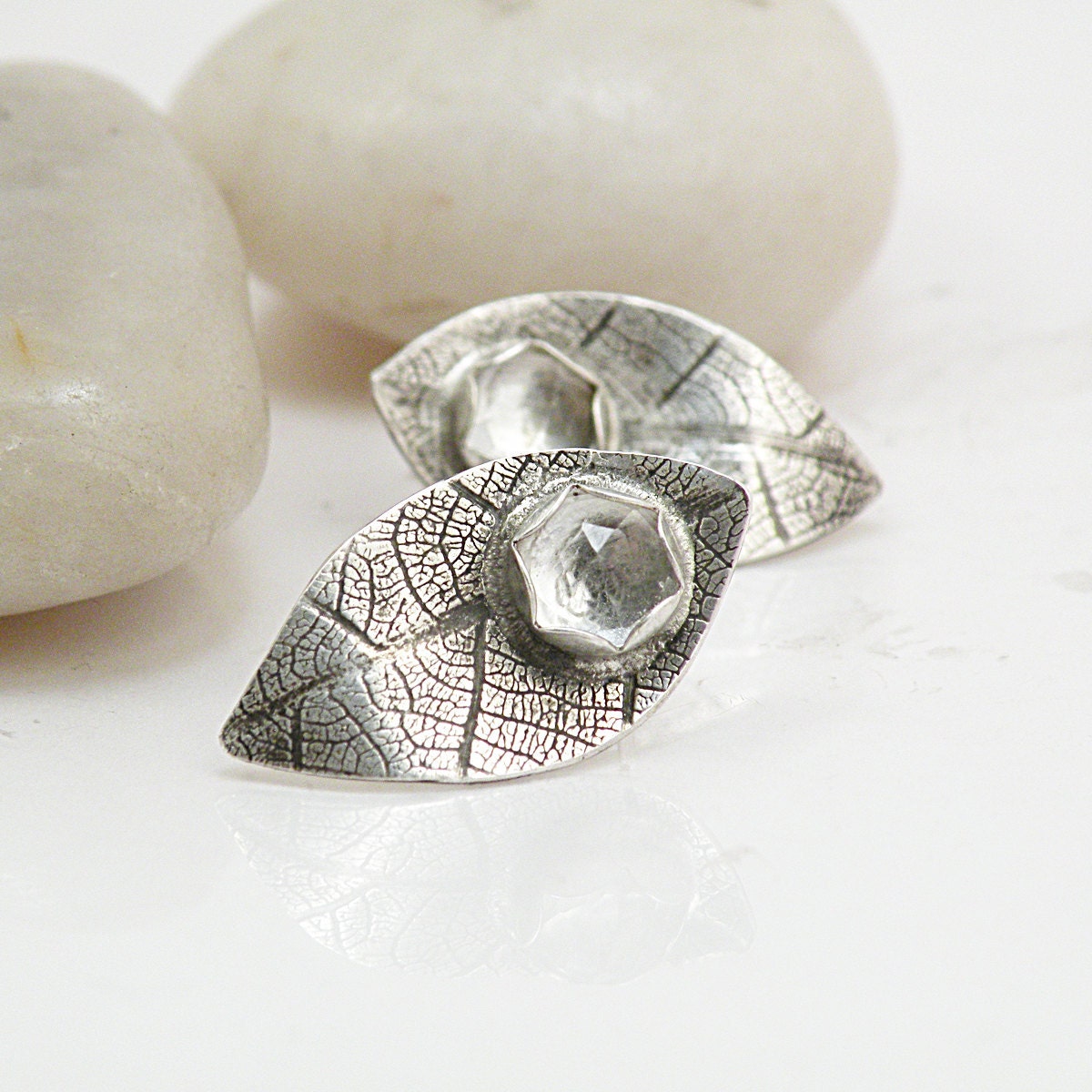 Crystal Leaf Earrings Sterling Silver Studs Faceted Gemstone One of a Kind jewelry- Essence Earrings