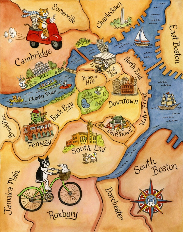 Boston Map Art Illustration Print 8"x 10"