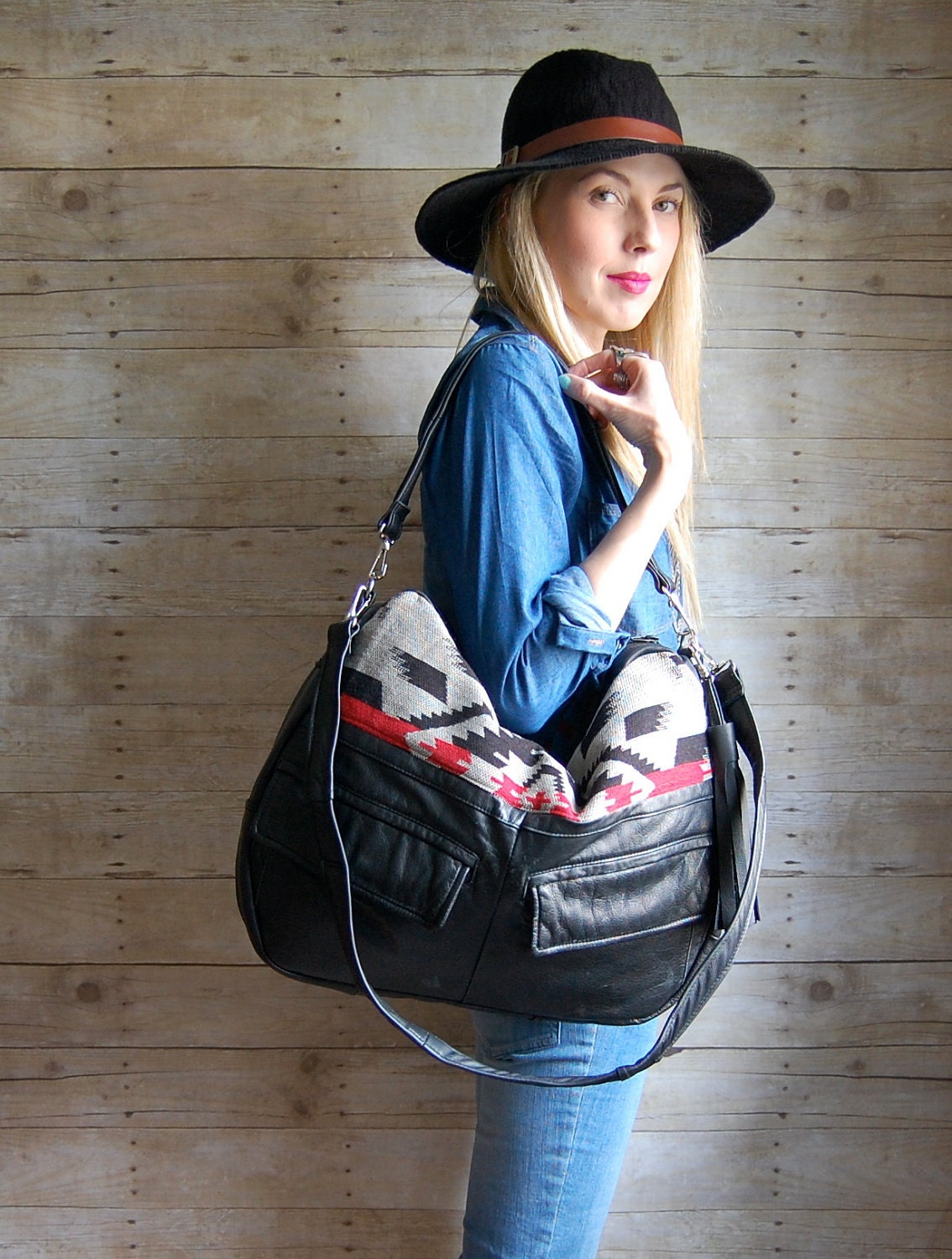 Tundra in reclaimed black leather and navajo fabric