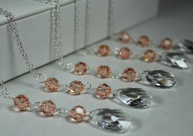 Blush Peach & Clear Teardrop Necklaces, Bridesmaids Long Y Drop Jewelry, Nude, bright coral, neon coral, fresh bouquet, shrimp, peach fuzz