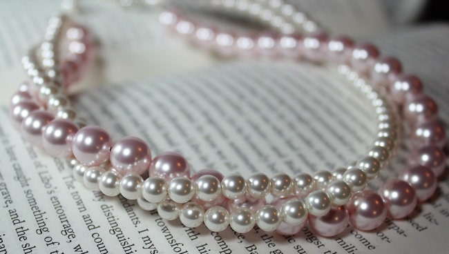 Light Pink blush & White Twisted Pearl 3 Strand Necklace, layered wedding necklace, statement, tea rose, misty, primrose, blossom, punch