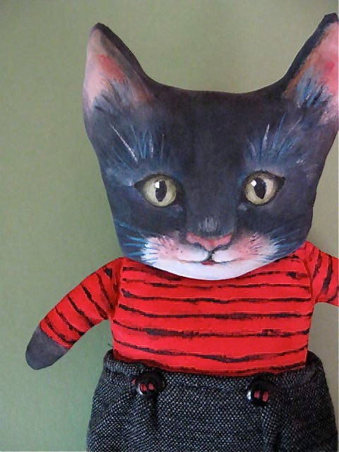 cat art doll ooak- ugly cute - black and white- kitty- boy- meow- Charles the cat- red black- tuxedo
