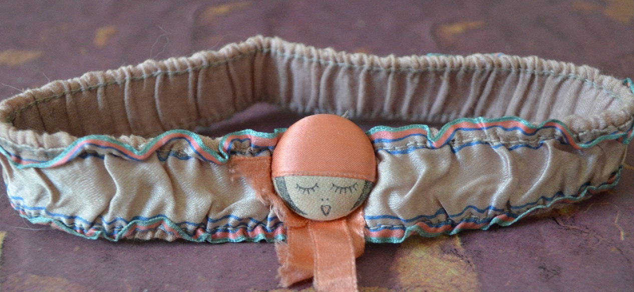 1920s Garter Peach lavender silk Boudoir Garter wedding Flapper face pink ribbon