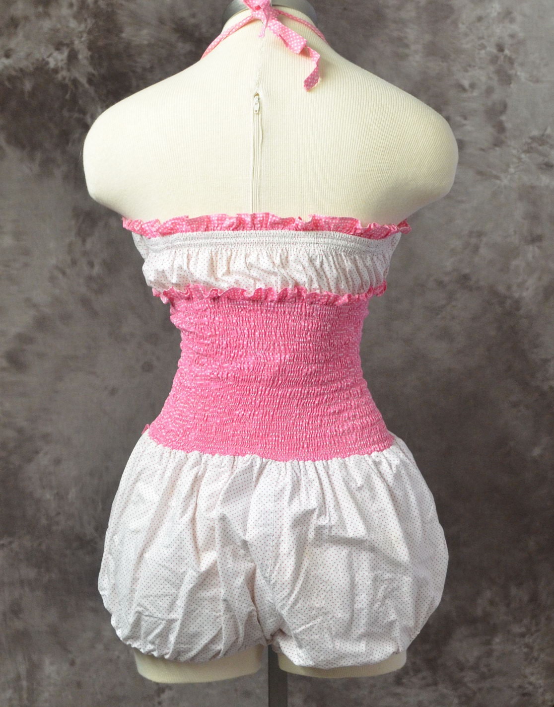 1950s Bathing suit one piece pink Polka dot Bloomer Cotton playsuit Catalina Styled for the Stars of Hollywood