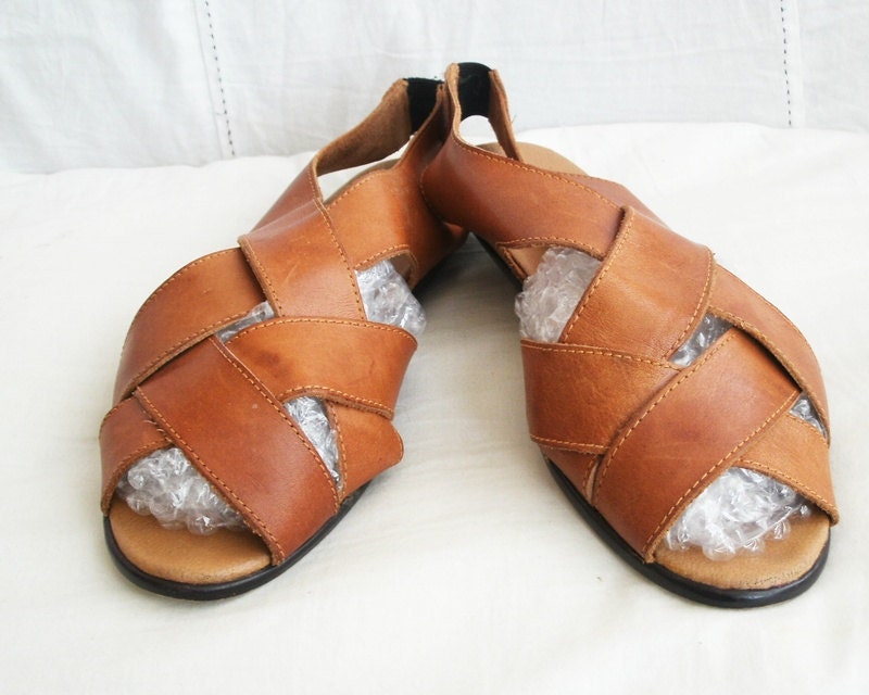 Leather Sandals vintage soft flats Caramel