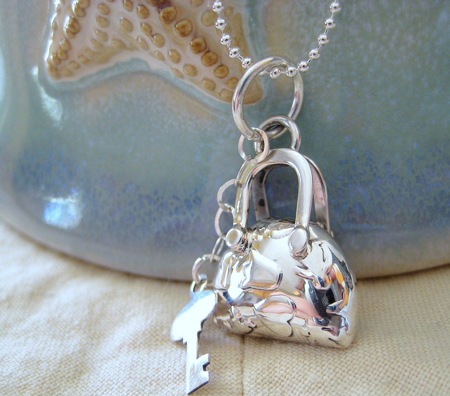 Fun sterling silver Puffy Purse/Bag and key Charm  Pendant on a fine sterling silver chain