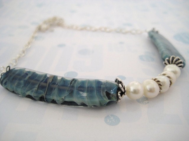 Blue Sky-Artisan wearable art  Lampwork and Pearls Necklace-feminine handcrafted Necklace