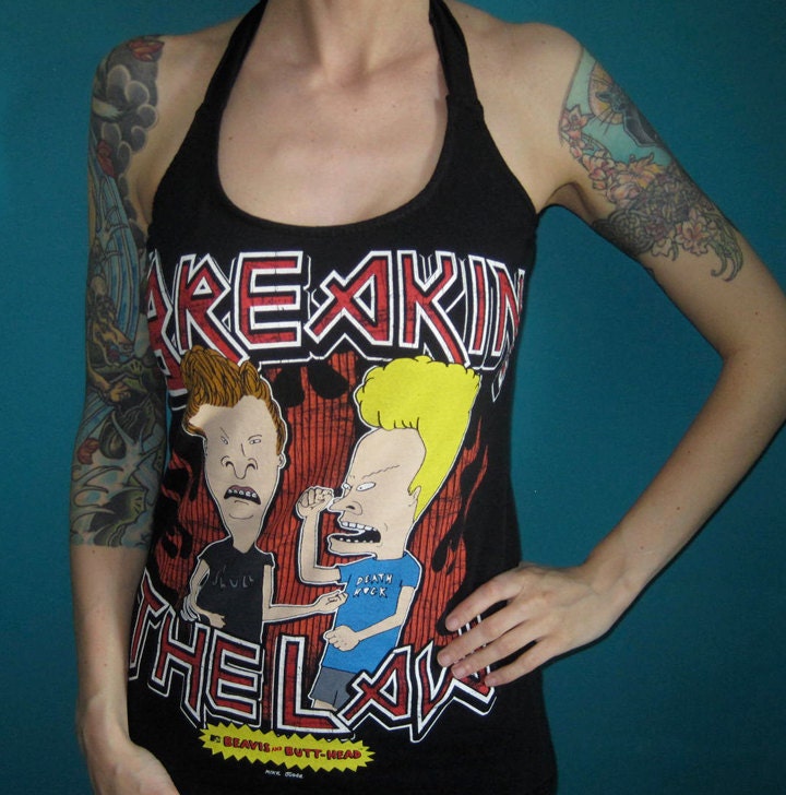 Beavis and Butt-head retro metal halter top made from a salvaged shirt Large