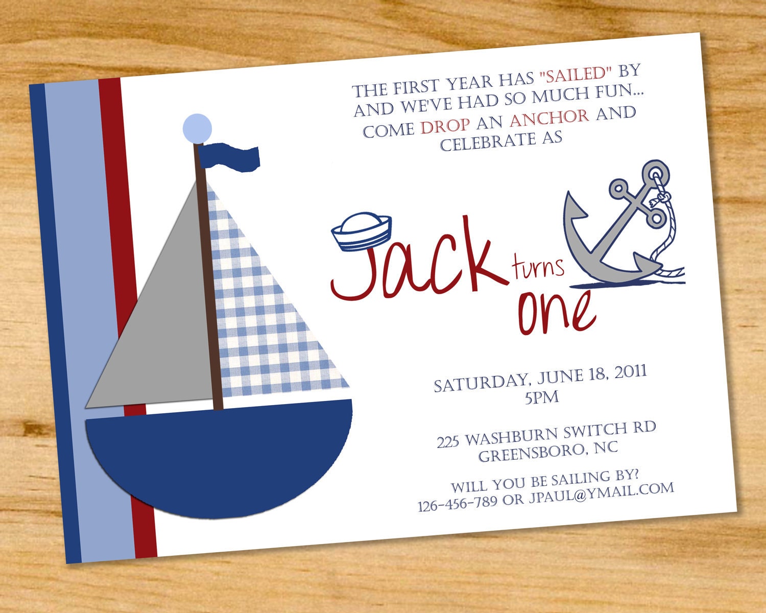 Sailboat- Nautical- Birthday Party Invitation - Digital File or Printed