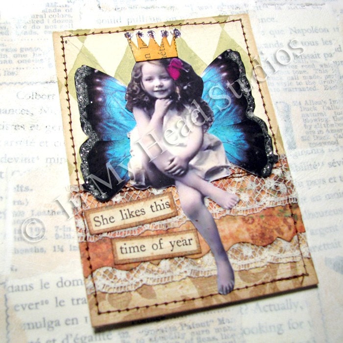 Little Summer Fairy Princess Original Mixed Media Collage ACEO - Artist Cards Editions and Originals - She Likes This Time of Year