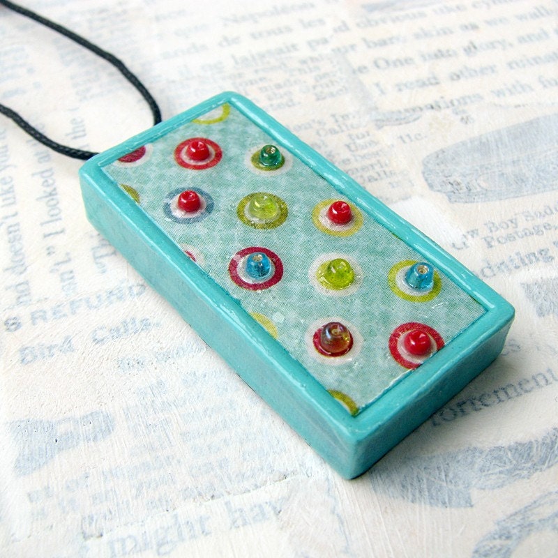 Domino Pendant - Circles On A Sea of Turquoise - Altered Domino Jewelry Necklace - Double 9 - Upcycled Recycled