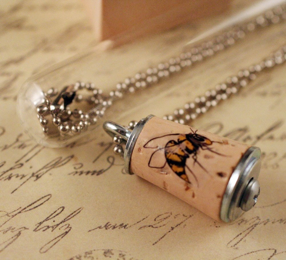 Bee Necklace, Eco Friendly Necklace, Recycled Cork Necklace in Test Tube by Uncorked