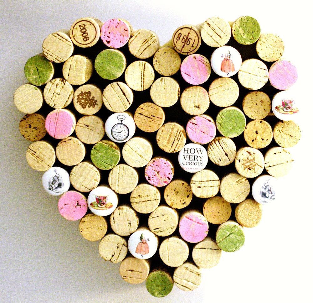 Corkboard - Alice in Wonderland Heart - Recycled Wine Corks by Uncorked - Pink and Green