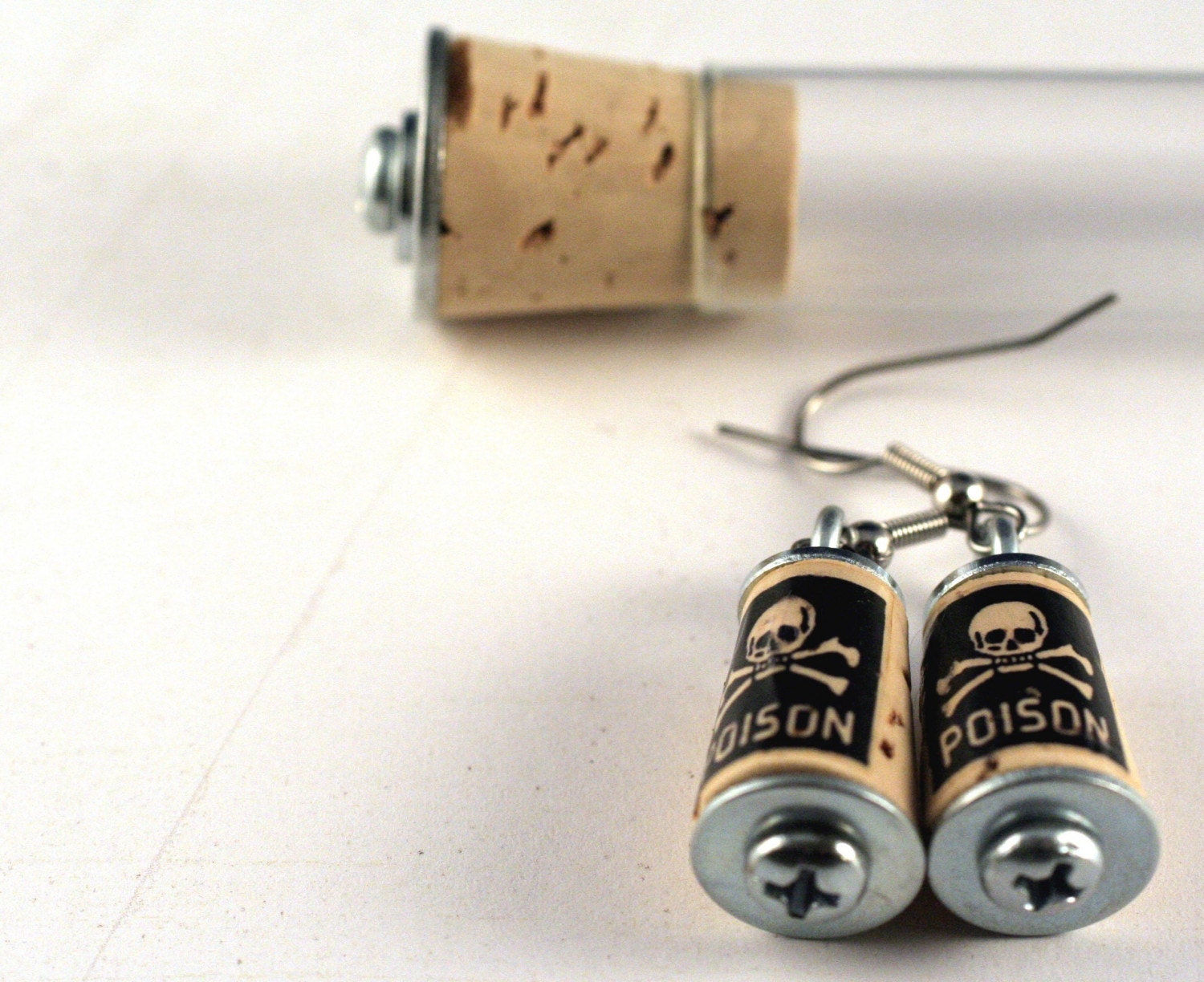 Skull and Crossbones Earrings - Cork Poison Jewelry in Test Tube - Upcycled by Uncorked