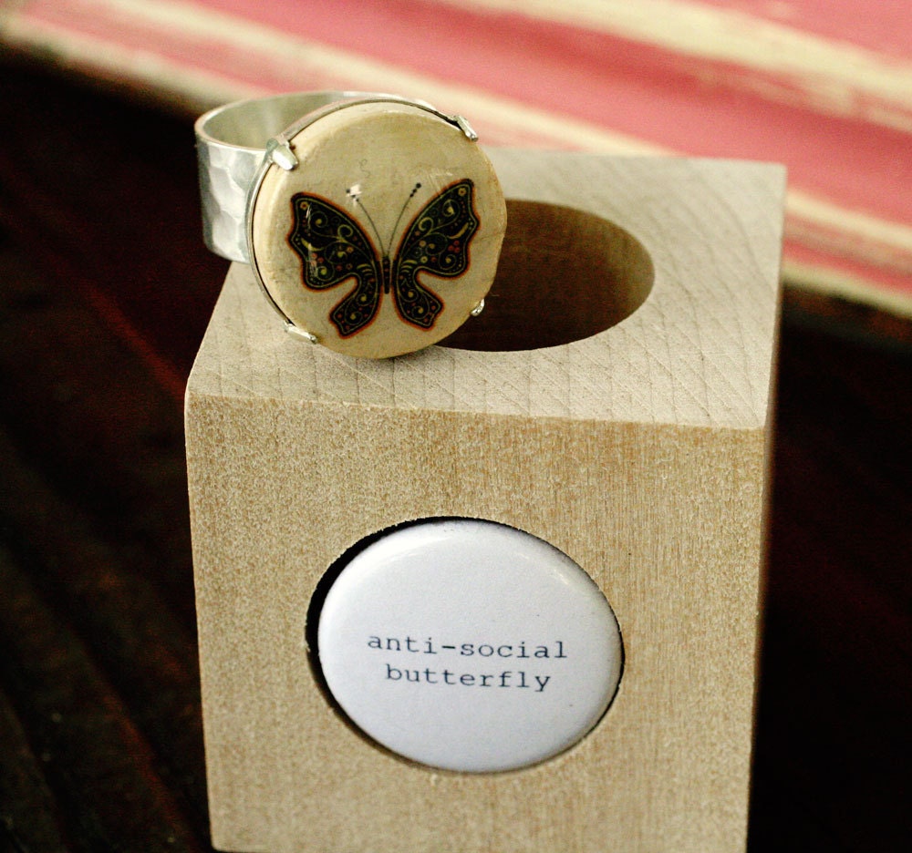 Butterfly Ring - Silver Adjustable Cork Ring - AntiSocial Butterfly by Uncorked