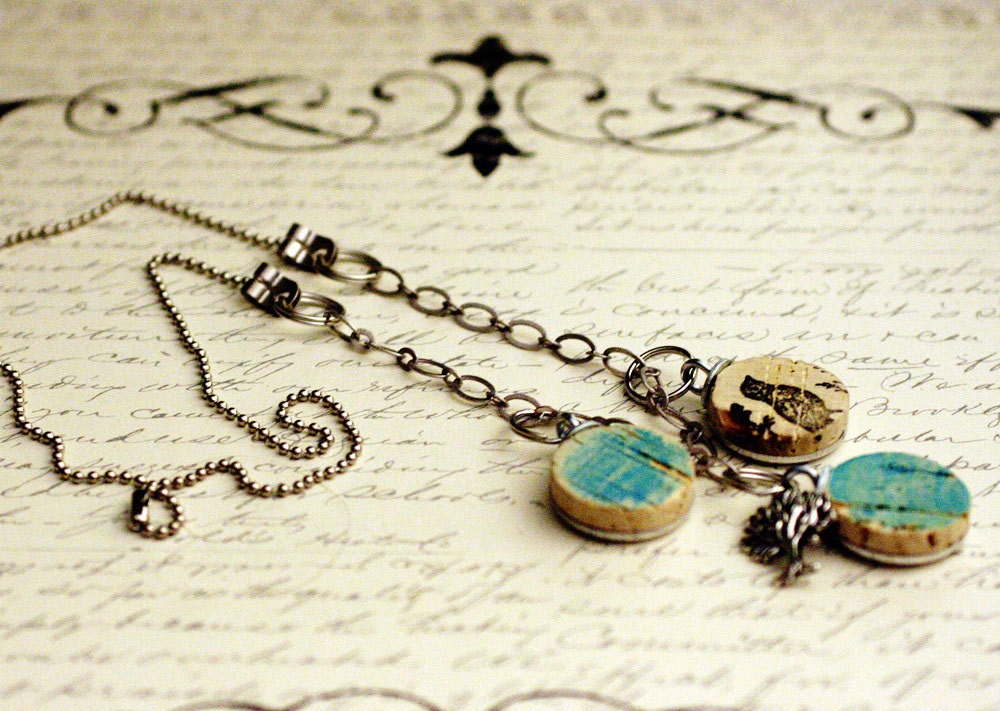 Wine Cork Necklace - Bluebirds - Upcycled Silver by Uncorked