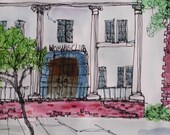 Nicely NeoClassical Small Ink Drawing w Watercolor wash
