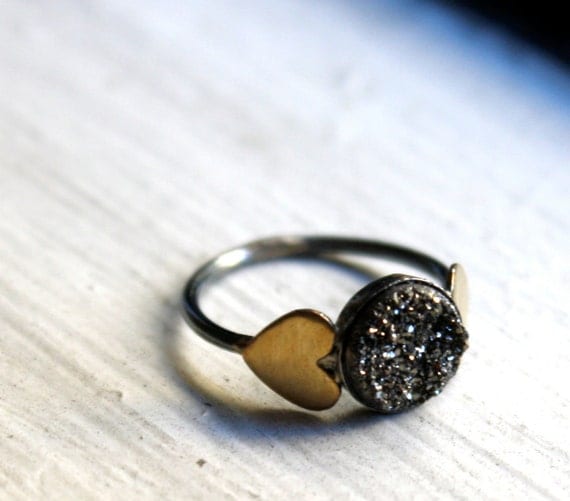 Black Drusy Ring with Brass Hearts