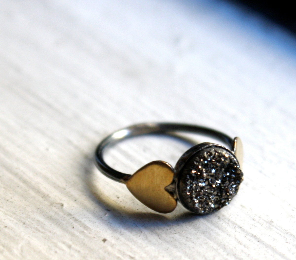 Black Drusy Ring with Brass Hearts